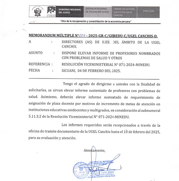 Dispone elevar informe de profesores nombrados con problemas de salud y otros